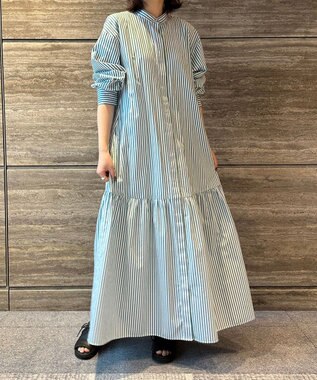 UNFILO 【洗える】イージーケア シャツワンピース グリーン×ホワイト