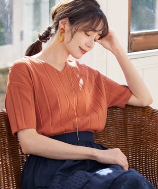 Tiaclasse 【洗える】プリーツ編みVネックニットトップス オレンジ