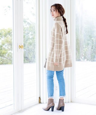 Tiaclasse L 【洗える】チェックジャガードニットチュニック ベージュ