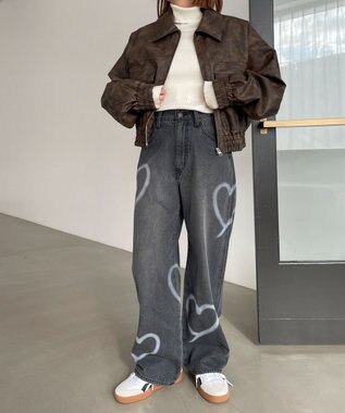 WEGO スプレーペイントストレートデニムパンツ ブラックその他