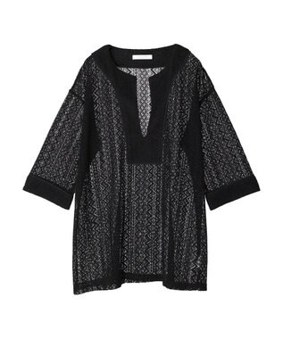 Green Parks カフタンレース７分袖ブラウス Black