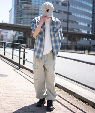 WEGO 【SMLサイズ展開/ウエスト紐】イージー3Dバレルレッグデニムカーゴパンツ デニム淡色