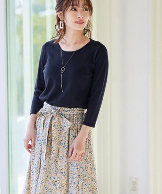 Tiaclasse 【洗える】異素材を組み合わせた花柄ドッキングワンピース ネイビー