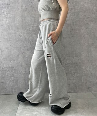 WEGO 【ウエストゴム】ヴィンテージウォッシュスウェットワイドパンツ 杢グレー