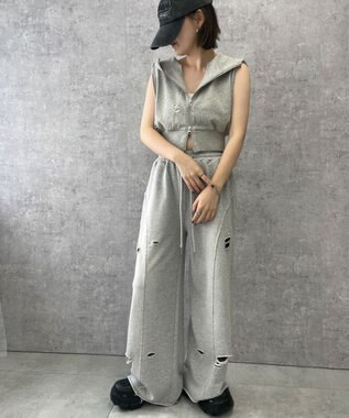 WEGO 【ウエストゴム】ヴィンテージウォッシュスウェットワイドパンツ 杢グレー