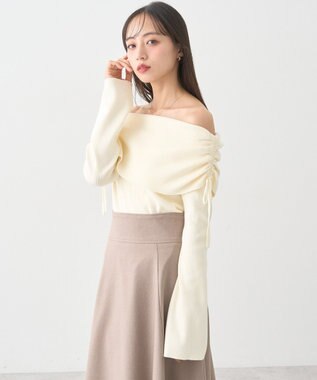 earth music&ecology リボンギャザーオフショルニットプルオーバー Ivory