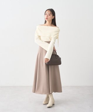 earth music&ecology リボンギャザーオフショルニットプルオーバー Ivory