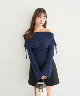 earth music&ecology リボンギャザーオフショルニットプルオーバー Navy