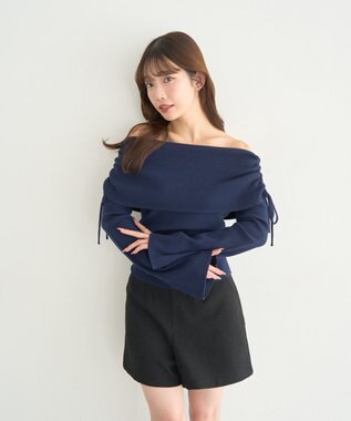 earth music&ecology リボンギャザーオフショルニットプルオーバー Navy
