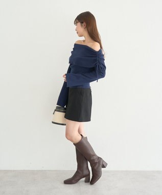 earth music&ecology リボンギャザーオフショルニットプルオーバー Navy