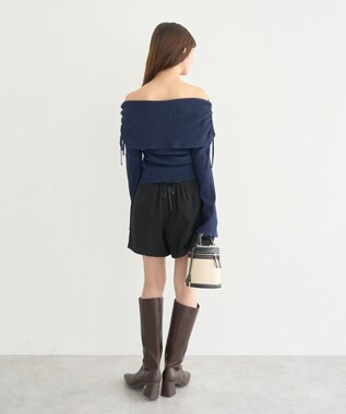 earth music&ecology リボンギャザーオフショルニットプルオーバー Navy