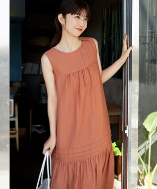 Tiaclasse 【小倉優子さん着用・洗える・XSサイズ】麻調ピンタックロングワンピース オレンジ