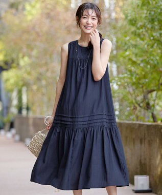 Tiaclasse 【小倉優子さん着用・洗える・XSサイズ】麻調ピンタックロングワンピース ネイビー