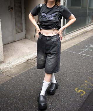 WEGO 【新色追加】ヴィンテージウォッシュデニムハーフパンツ ブラック