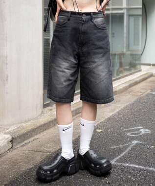 WEGO 【新色追加】ヴィンテージウォッシュデニムハーフパンツ ブラック