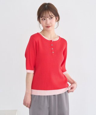 earth music&ecology ヘンリーネック半袖ニットプルオーバー Red