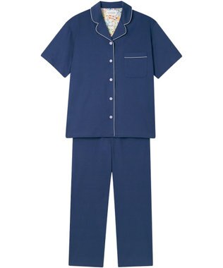 une nana cool 【綿100%】60/2 やわらか天竺 半袖開襟パジャマ MADE WITH LIBERTY FABRIC ダークブルー