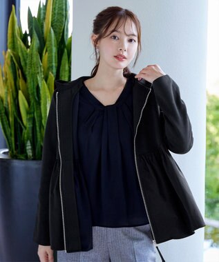 Tiaclasse L 【洗える】異素材ジップフレアパーカー ブラック