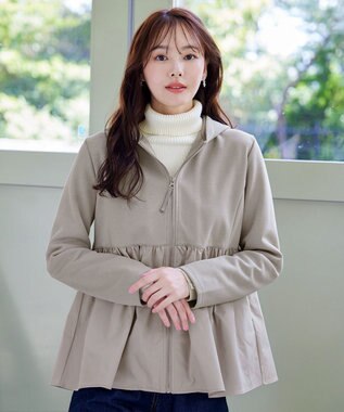 Tiaclasse L 【洗える】異素材ジップフレアパーカー グレージュ