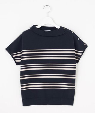 J.PRESS LADIES 【WEB限定カラーあり・洗える・抗菌防臭】COTTON POLYESTER ボーダー 襟付き ニット ネイビー×グレージュ系