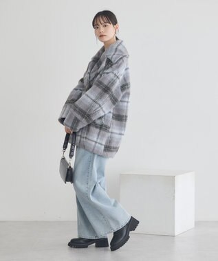 earth music&ecology チェックシャギーコート Check Gray