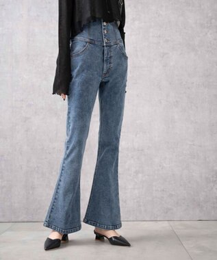 WEGO ハイウエストストレッチフレアデニムパンツ デニム中濃加工色