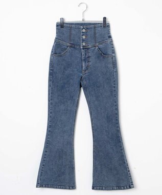 WEGO ハイウエストストレッチフレアデニムパンツ デニム中濃加工色