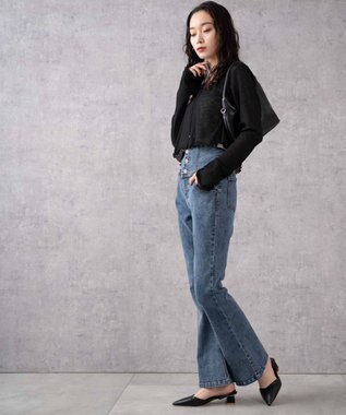 WEGO ハイウエストストレッチフレアデニムパンツ デニム中濃加工色