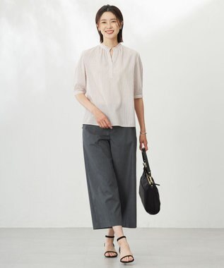 J.PRESS LADIES 【洗える・接触冷感】ドビー強撚ストライプ スキッパー ブラウス オフ×ピンク×ネイビー系