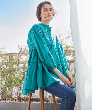 23区 【SLOW/洗える】コットンローン ティアードチュニック ブラウス ピーコックグリーン系