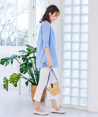 Tiaclasse L 【洗える】リボンスリーブストライプチュニックブラウス サックス×オフストライプ