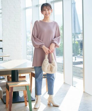 Tiaclasse L 【安田美沙子さん着用・洗える】ボリュームパフスリーブニットチュニック ピンクモカ