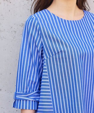 Tiaclasse L 【洗える】リボンスリーブストライプチュニックブラウス ブルー×オフストライプ
