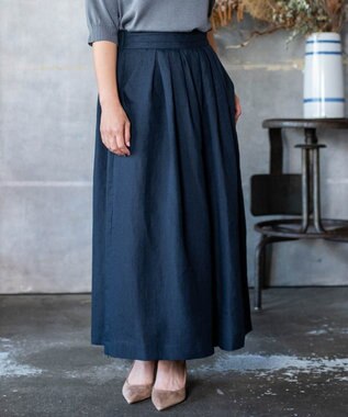 muuc 〈高品質ベルギーリネン100%〉ウエストゴムあり タックデザインワイドパンツ ネイビー