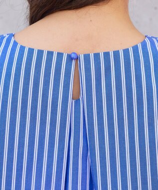 Tiaclasse L 【洗える】リボンスリーブストライプチュニックブラウス ブルー×オフストライプ