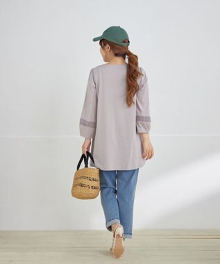 Tiaclasse L ランタンパフ袖カットソー切替チュニック グレージュ