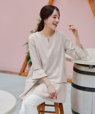 Tiaclasse L 【洗える】はしごレースフレアスリーブチュニックブラウス ライトベージュ