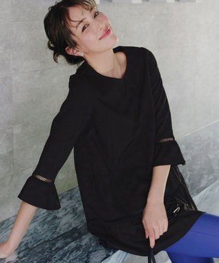 Tiaclasse L 【洗える】はしごレースフレアスリーブチュニックブラウス ブラック