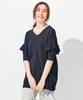 自由区 L 【洗える】ハイツイストコットンアセテート フリルデザインニット ネイビー系