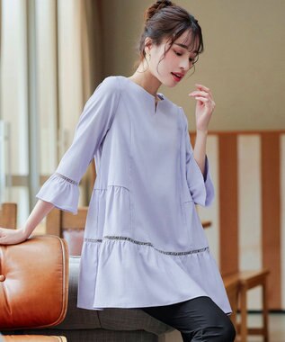 Tiaclasse L 【洗える】はしごレースフレアスリーブチュニックブラウス ラベンダー