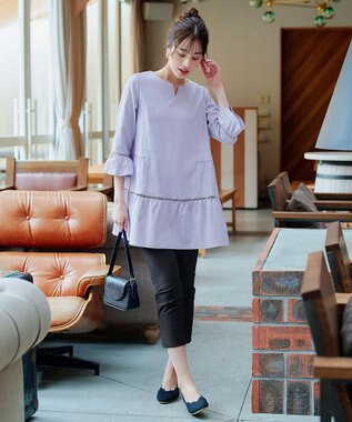 Tiaclasse L 【洗える】はしごレースフレアスリーブチュニックブラウス ラベンダー
