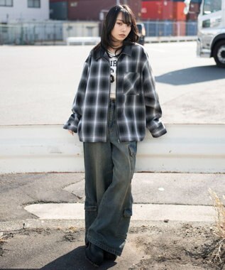 WEGO 【ユニセックス着用ITEM】オンブレチェックシャツジャケット ブラックチェック1