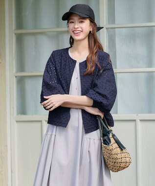 Tiaclasse L 【洗える】パンチングレースブルゾン ネイビー