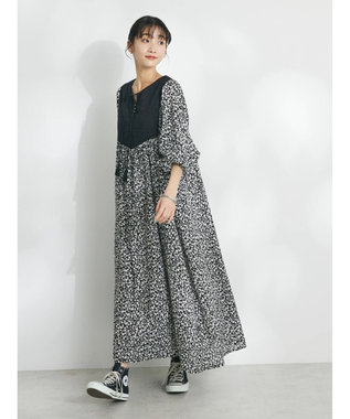 CRAFT STANDARD BOUTIQUE インド綿混キルト切替花柄ワンピース Black