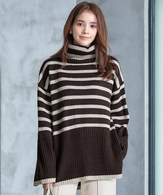 Tiaclasse 【洗える】ハイネックボーダープルオーバー ブラウン