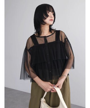 Green Parks ・ＳＵＧＡＲ　ＳＰＯＯＮ　チュールティアードブラウス Black