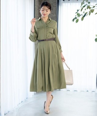 Tiaclasse L 【洗える】ヴィンテージサテンシャツワンピース カーキ
