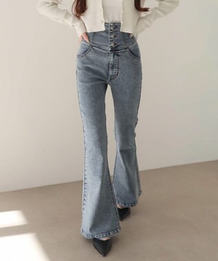 WEGO 【ストレッチ/美脚/脚長シルエット/XSSMサイズ展開】ハイウエストストレッチフレアデニムパンツ デニム中濃加工色