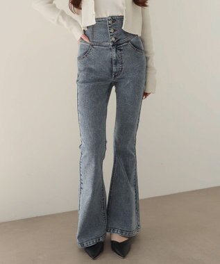 WEGO 【ストレッチ/美脚/脚長シルエット/XSSMサイズ展開】ハイウエストストレッチフレアデニムパンツ デニム中濃加工色