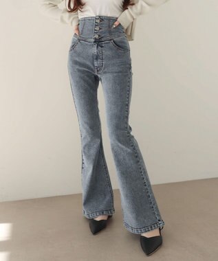 WEGO 【ストレッチ/美脚/脚長シルエット/XSSMサイズ展開】ハイウエストストレッチフレアデニムパンツ デニム中濃加工色